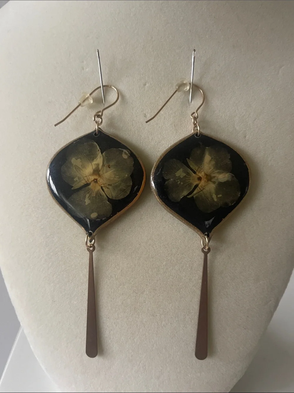 Handcrafted Black Pressed Floral Drop Clay Earrings